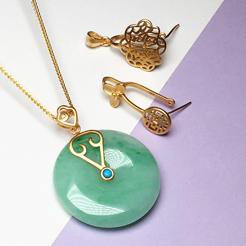 平安扣夹扣纯银中号镶嵌玉石翡翠古法金蜜蜡扣头扣