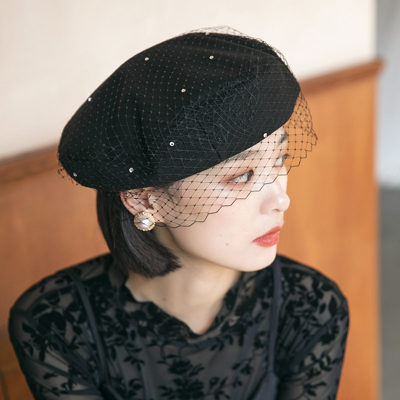 法式复古网纱贝雷帽英伦韩版百搭蕾丝蓓蕾黑色帽子