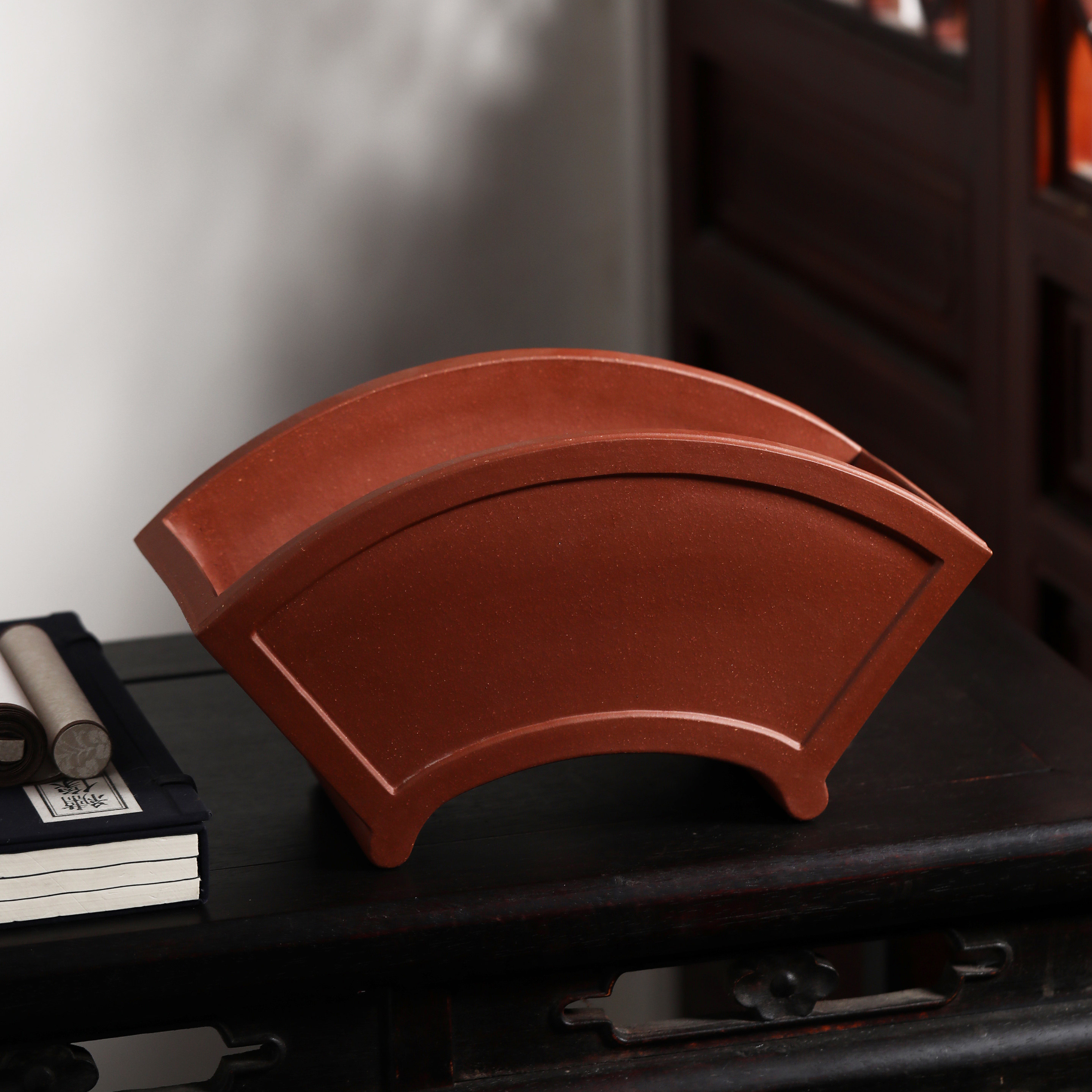 紫砂花盆盆景扇形中国国风古风古典摆件扇子花盆