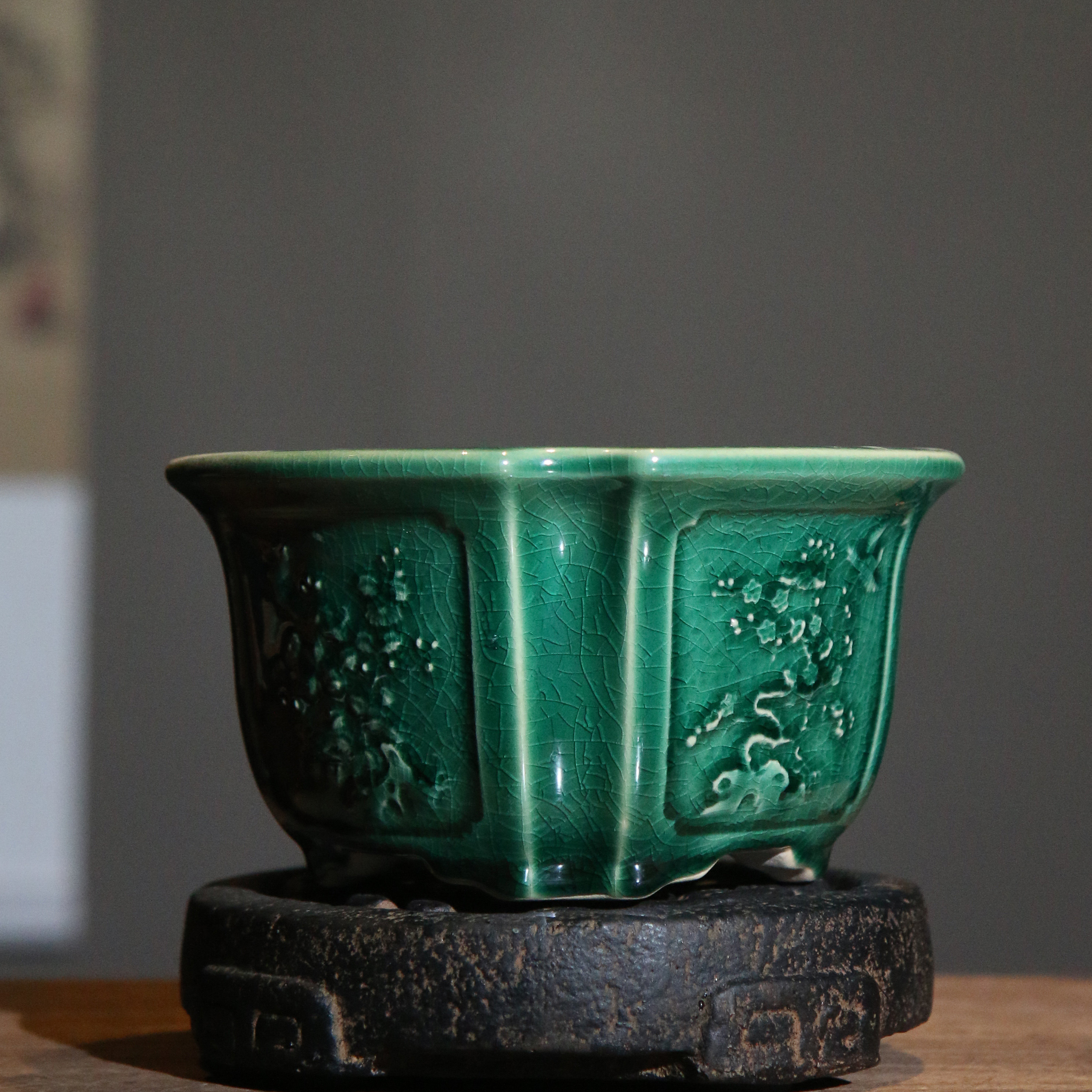 紫砂花盆雕花四方仿古浮雕立体刻绘釉盆陶瓷花盆