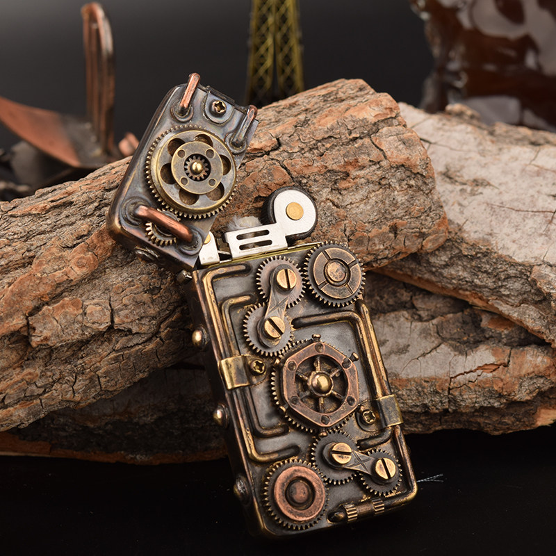 原创经典蒸汽朋克纯铜超薄古董齿轮联动船锚煤油打火机