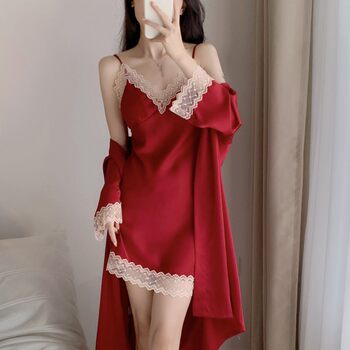 2023 New Pajamas Women's Sexy Summer Ice Silk Thin Sling Breast Pad Nightgown High-end two-piece Set