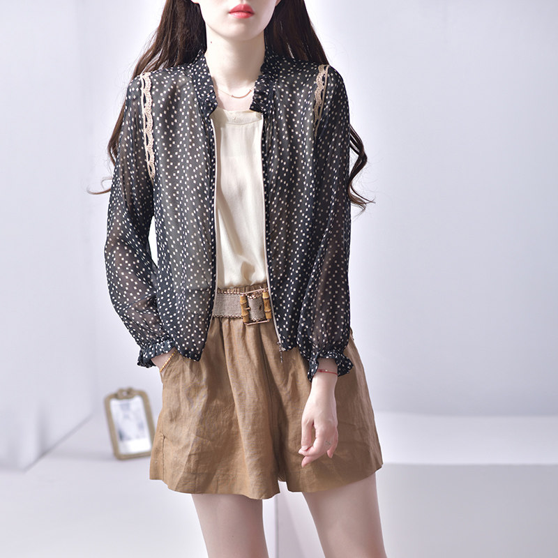 黑色长袖真丝外套女薄款洋气春秋新款短款桑蚕丝外搭上衣开衫复古