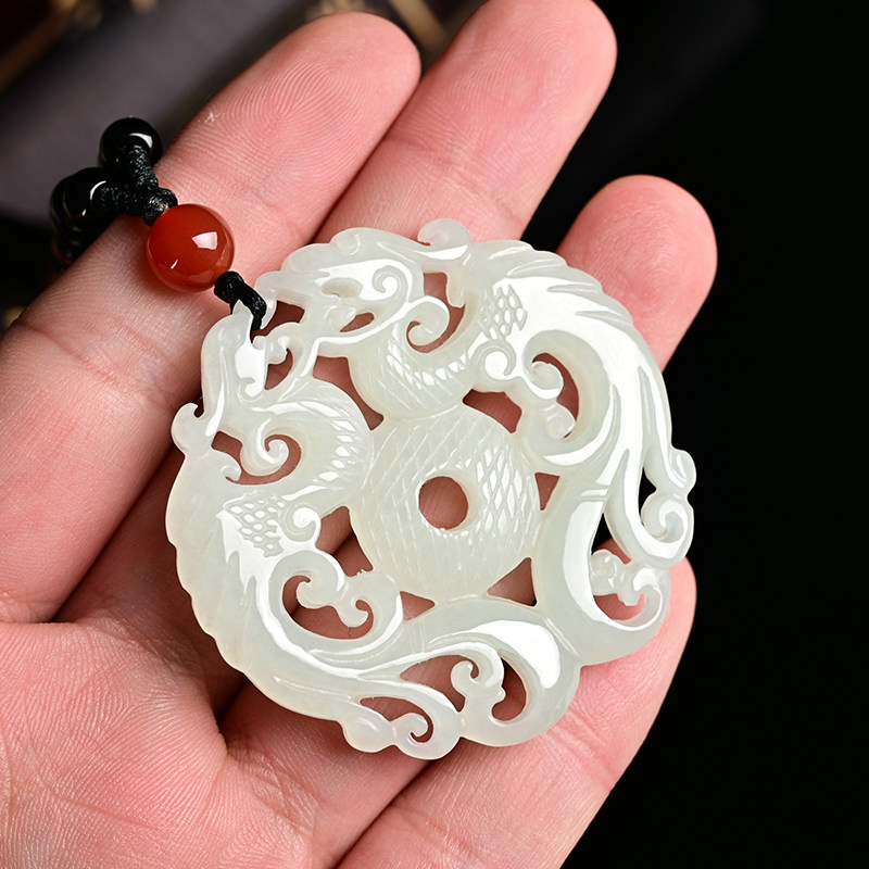 和田玉双龙护主吊坠新疆玉石玉坠仿古玉佩男项链挂坠