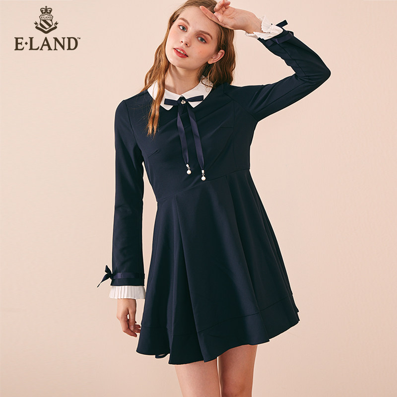 eland新款可爱大裙摆衬衫领蝴蝶结设计长袖连衣裙仙女eeow86105i