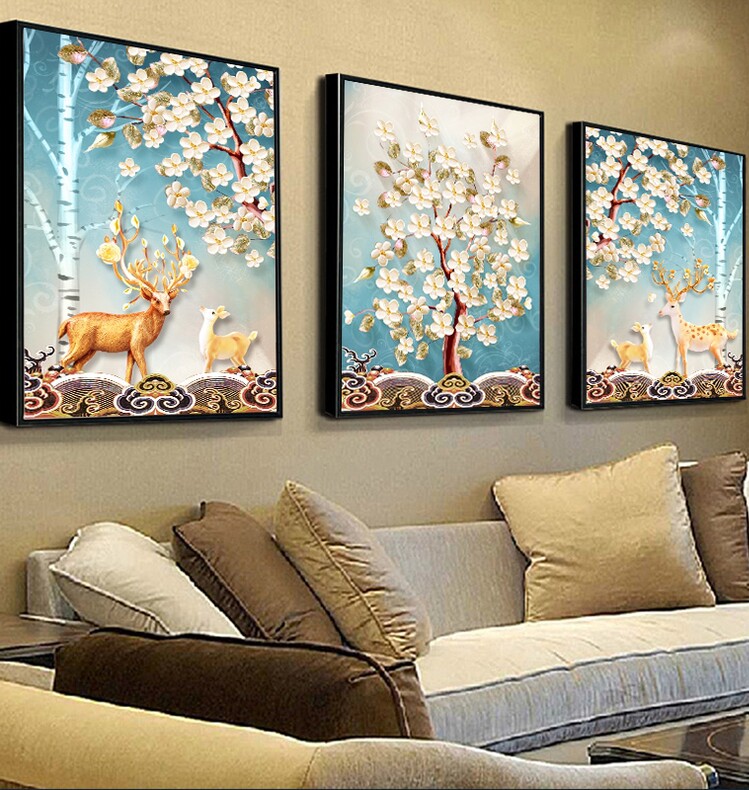 本格客厅装饰画现代北欧风格麋鹿挂画三联水晶壁画沙发背景墙面画