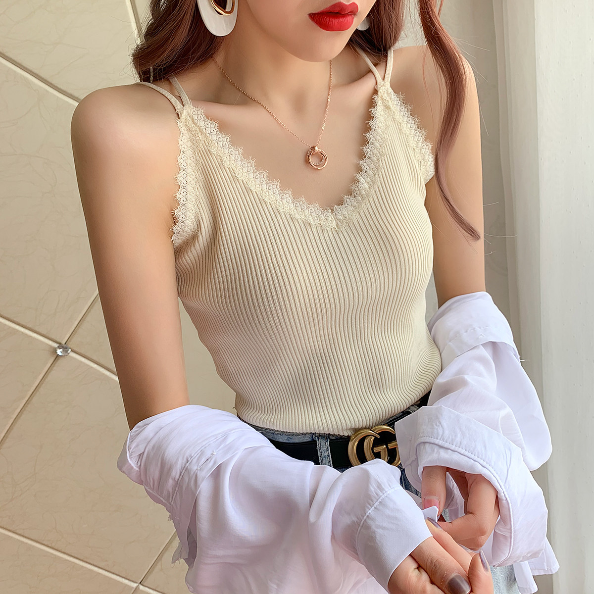 chic蕾丝丝边交叉美背打底衫女韩版内冰丝针织背心吊带