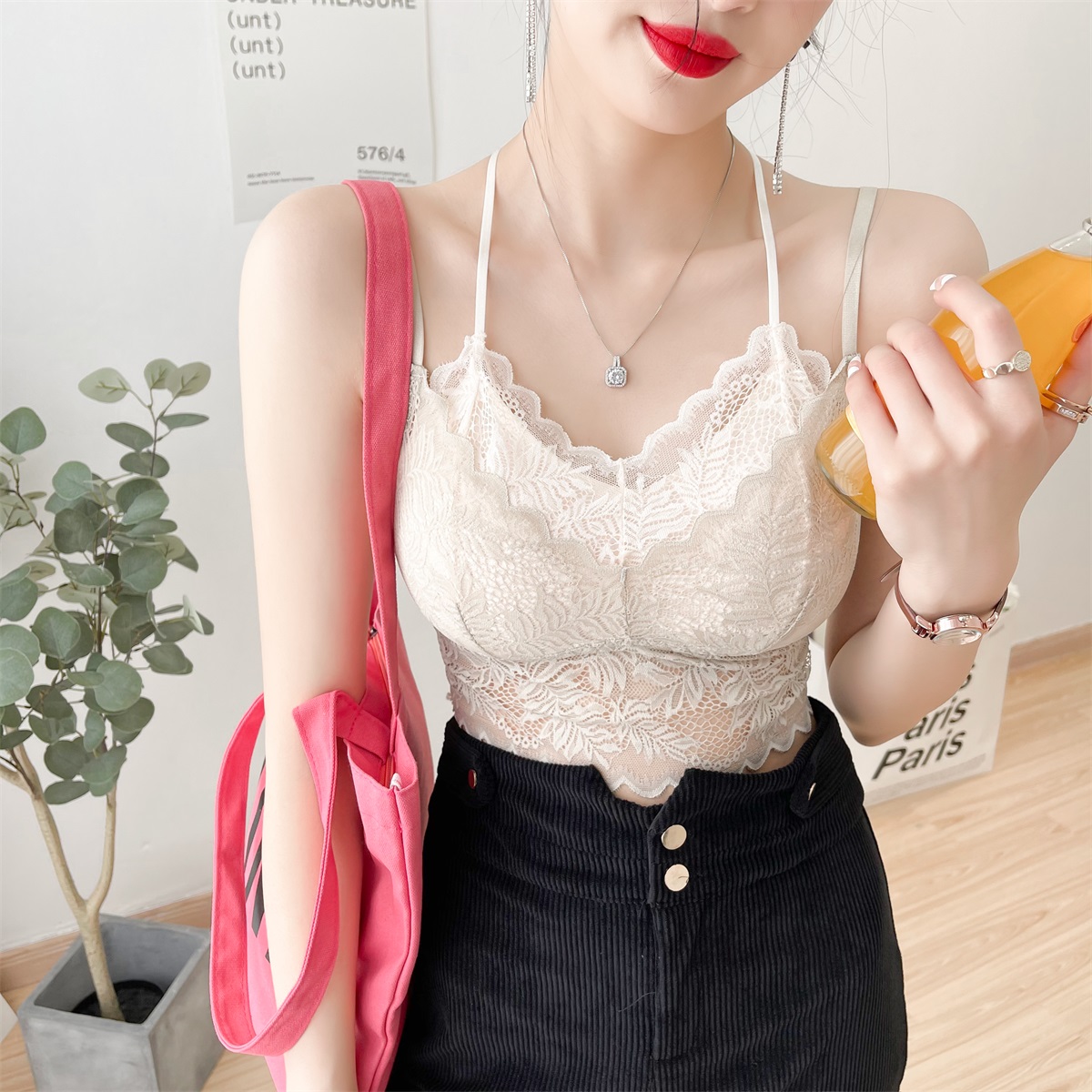 夏季新款蕾丝抹胸女假两件美背短款吊带背心背心吊带