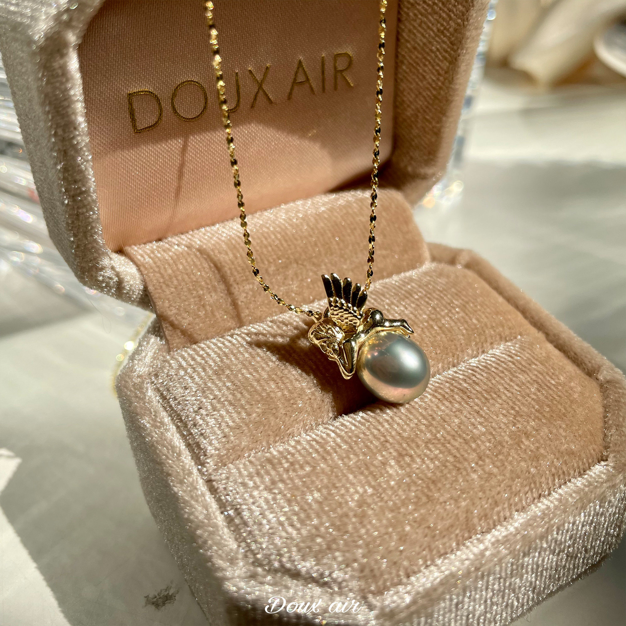 douxair丘比特天使珍珠项链纯银吊坠复古董vintage毛衣链女秋冬