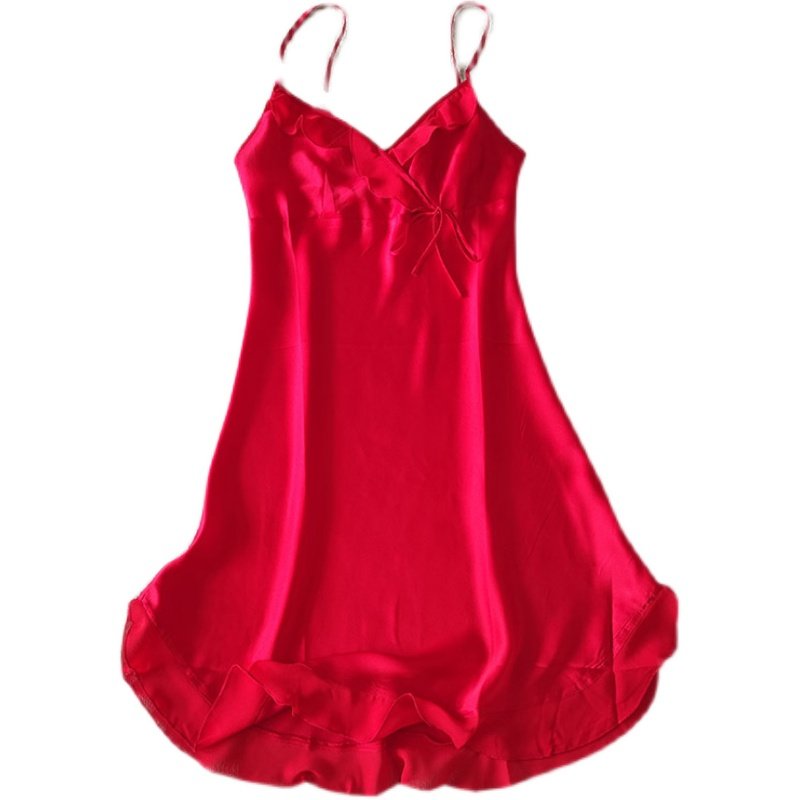 大红色真丝吊带睡裙100%桑蚕丝女士缎面丝绸家居服本命年套头睡衣