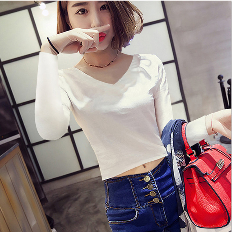 新品衣服小衫高腰肚脐短装收身领上长袖桖体t恤