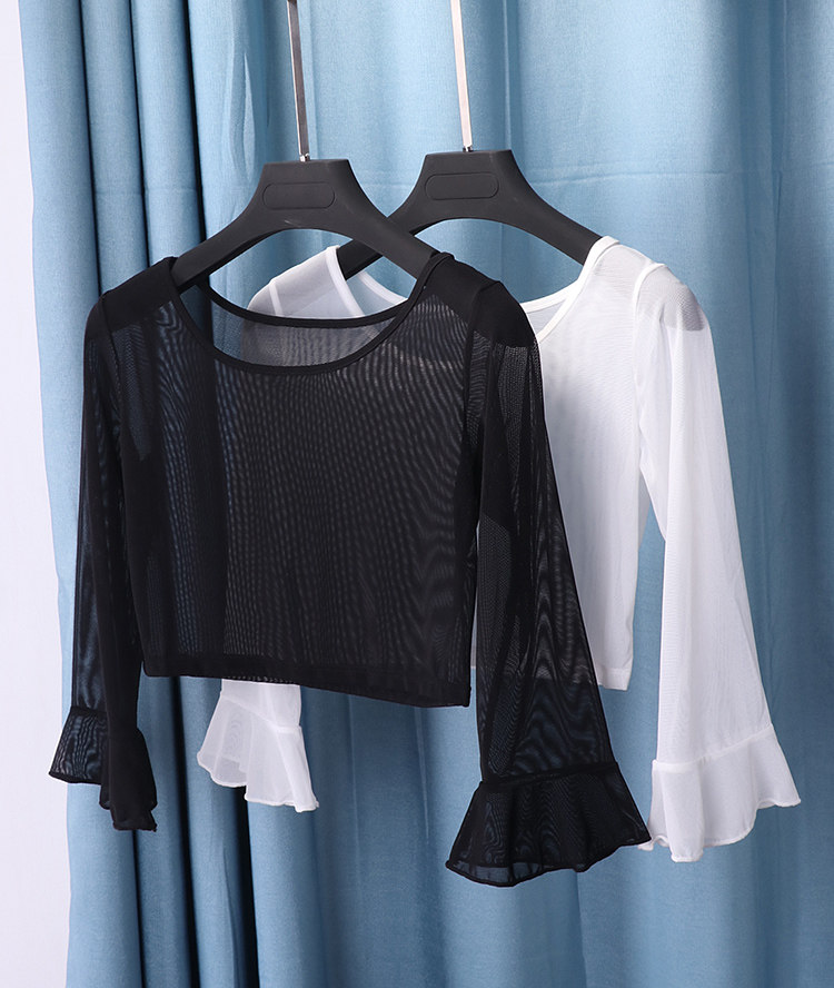 半截2019纱衣长袖打底罩衫百搭夏半截喇叭5分蕾丝衫