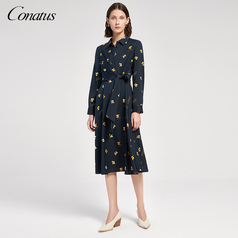 conatus珂尼蒂思女装冬季气质时髦衬衫印花收腰连衣裙