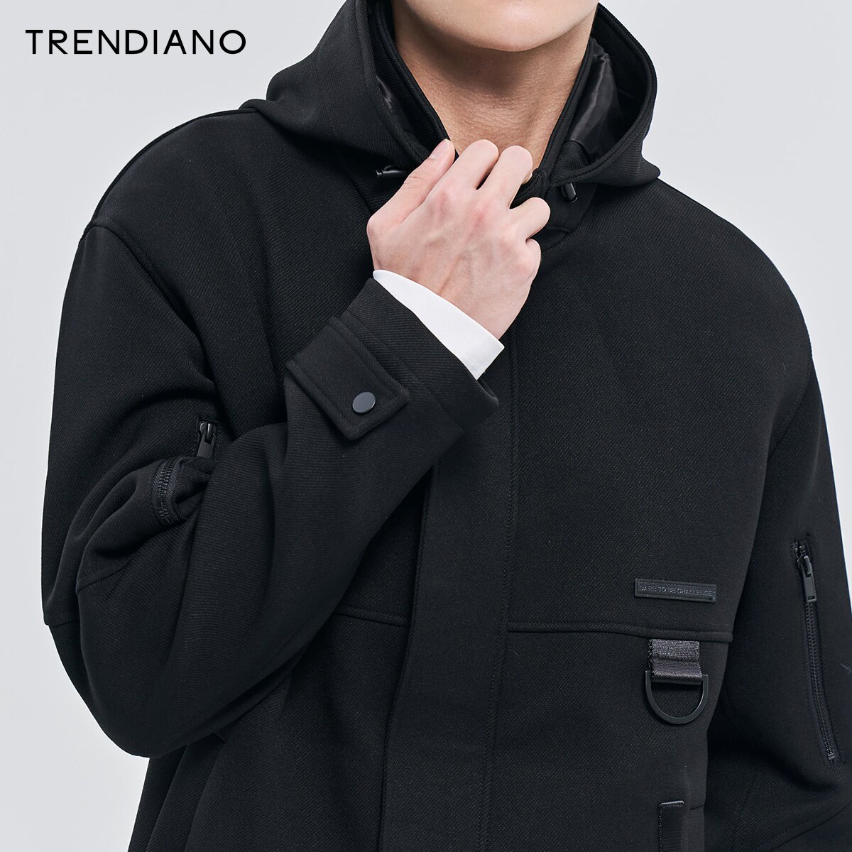 trendiano潮牌秋冬男装宽松连帽高领斜纹风衣外套风衣