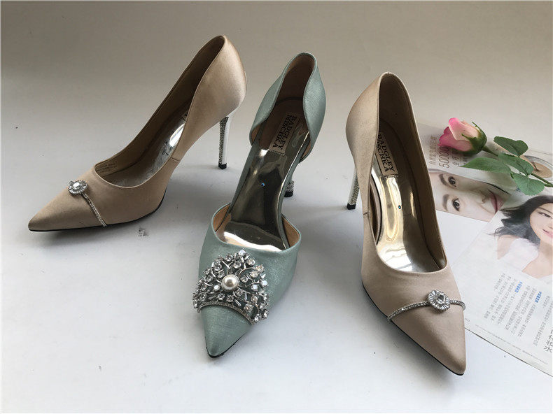 高端百吉优雅套脚皇冠钻链女高跟单浅口尖头单鞋