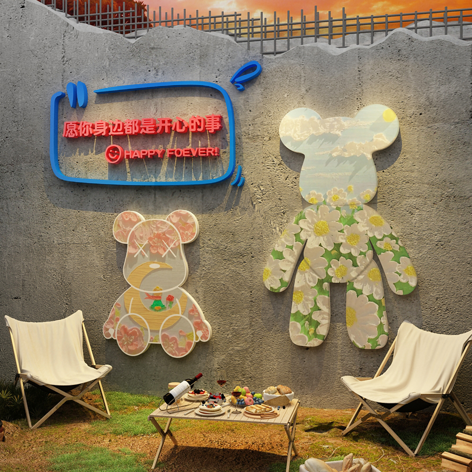 网红打卡背景拍照区布置鲜花店墙面软装 饰摆件门口吸引人氛围公仔