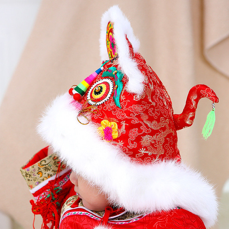 麦婴馨手工兔毛男女婴儿宝宝虎头帽子婴幼儿新年帽子