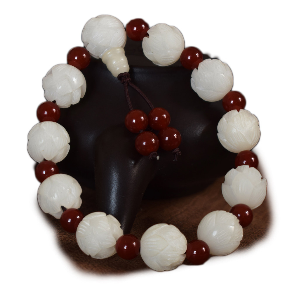 天然菩提根精雕莲花 白玉菩提根手串 男女手链 菩提子原籽 佛珠