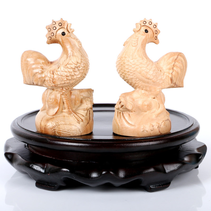 2022年龙人吉祥物丹凤守禄桃木雕刻摆件龙鸡和合摆件