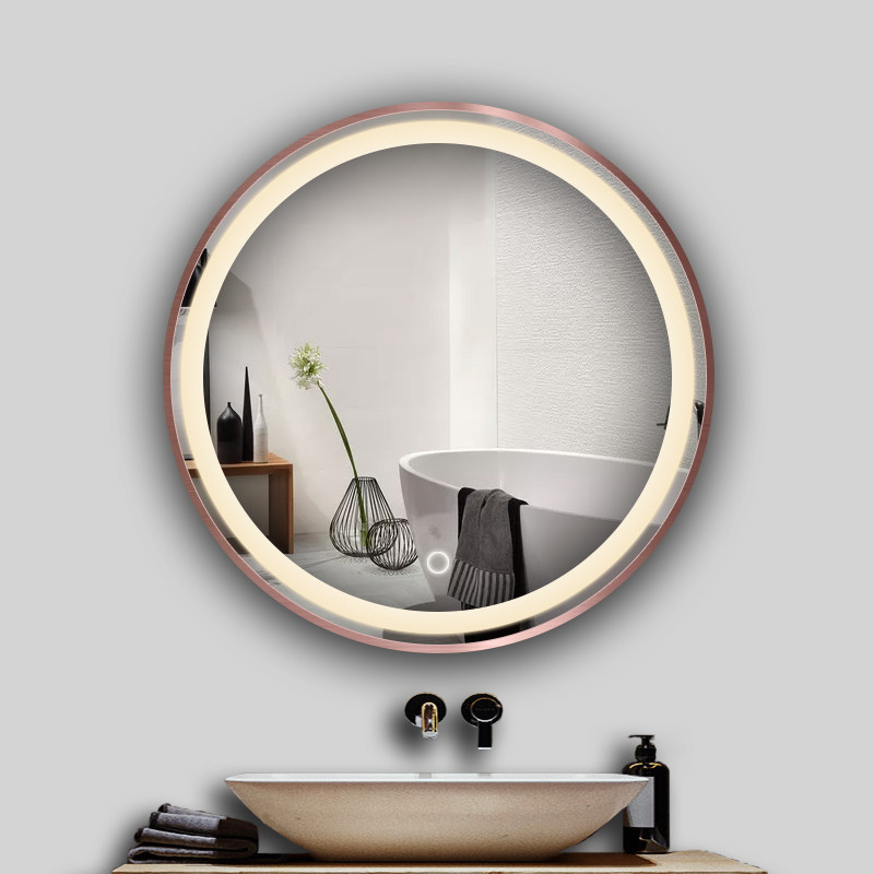 镜子欧式金色边框led浴室圆形贴墙洗手间智能浴室镜