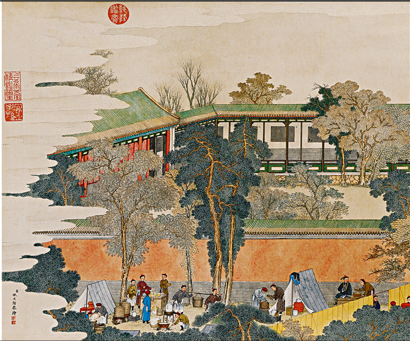 紫光阁赐宴宫廷长卷微喷复制装饰画人物建筑国画