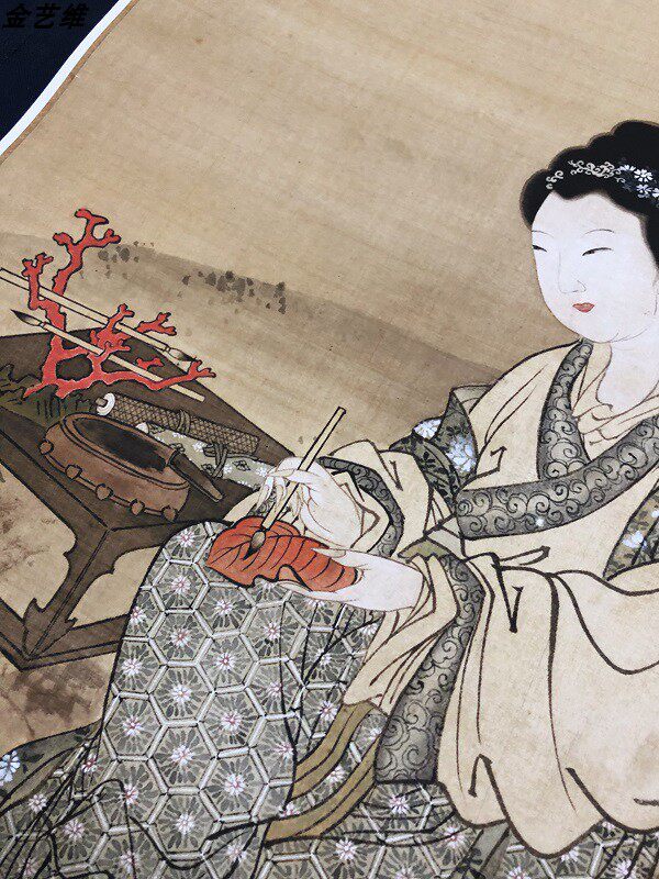 明代唐寅红叶题诗仕女女图唐伯虎国画人物仿古古画国画