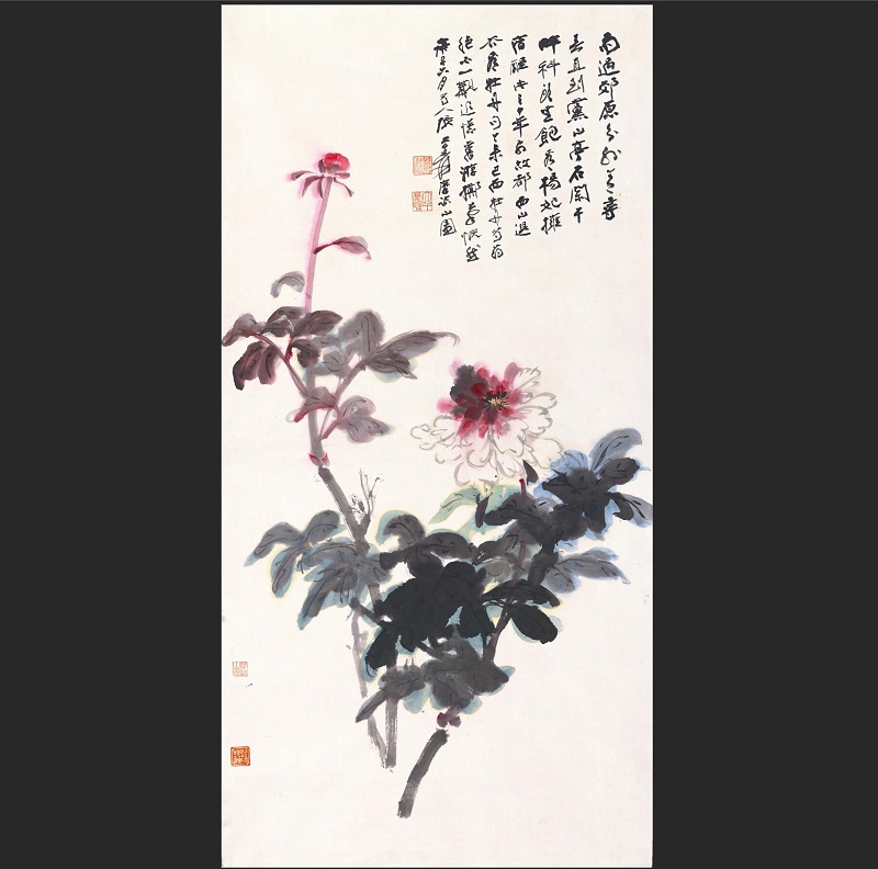 张大千牡丹立轴真迹微喷复制装饰画花卉中堂挂画国画