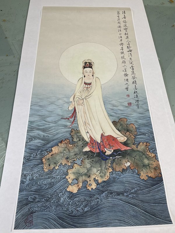 夏荆山踏荷观音像立轴自性光明编号微喷复制佛像国画