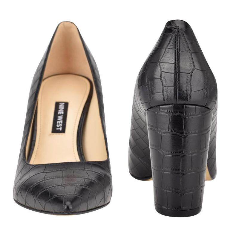 ninewest玖熙女鞋高跟鞋皮鞋黑色纹理粗跟cara单鞋