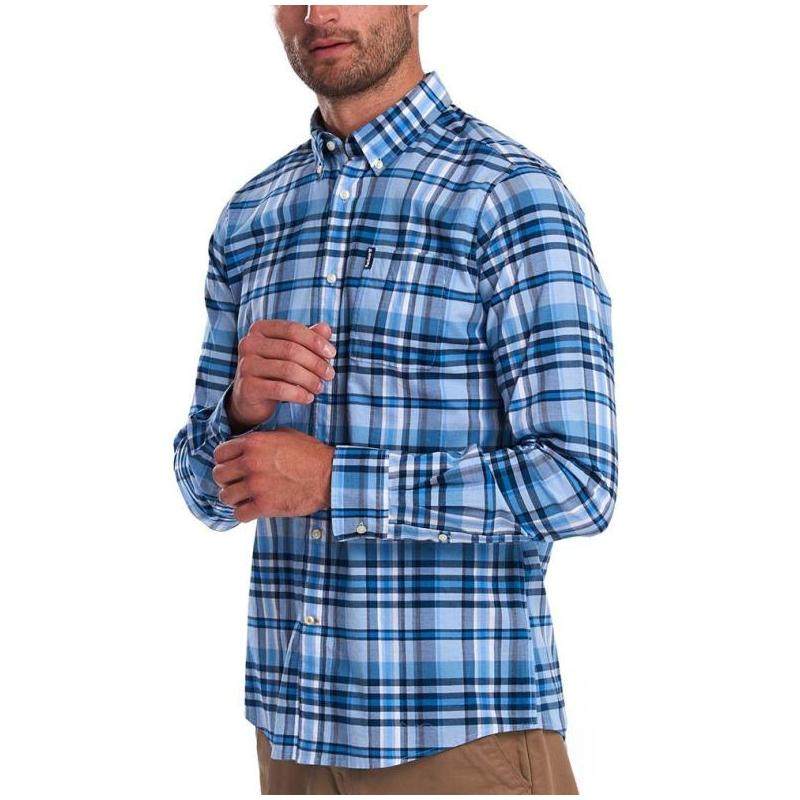 barbour格子衬衫长袖蓝色搭扣休闲纯棉衬衫