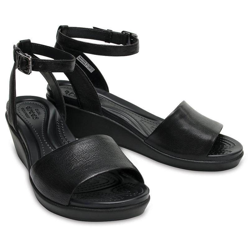 crocs卡洛驰坡跟凉鞋女高高跟皮质宽面纯色黑色时装凉鞋