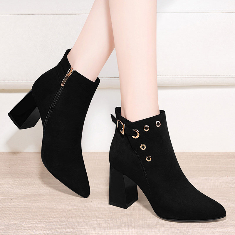 翻毛皮短靴女靴2020年新款秋冬季女鞋加绒中跟高跟粗跟磨砂马丁靴