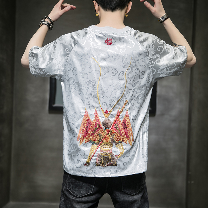 中国风男装短袖T恤冰丝薄款国潮套装齐天大圣孙悟空衣服重工刺绣