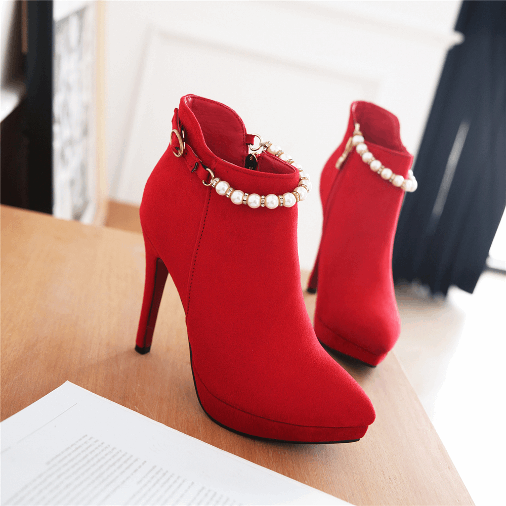 2016秋冬季女靴细跟尖头超高跟短靴红色结婚鞋中式婚礼红鞋新娘鞋