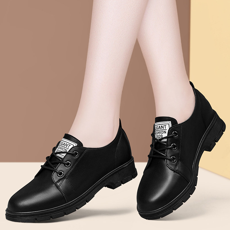 盾狐33033二层牛皮春秋季真皮单鞋百搭软皮黑色内增高女鞋软底鞋