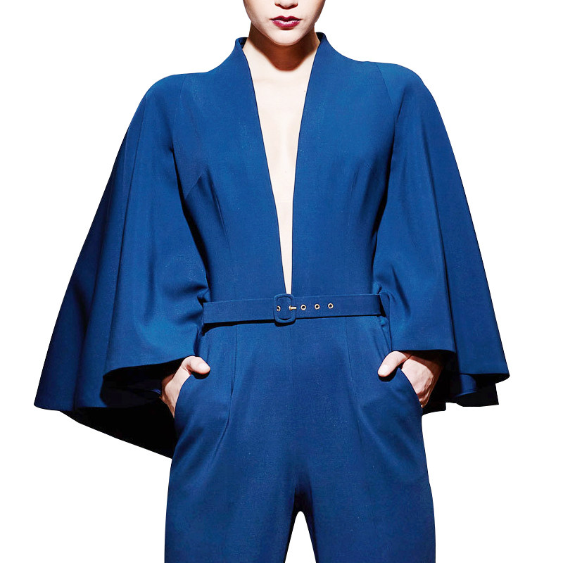 2022春夏新品时尚修身蝙蝠连体欧美领直筒连身连体衣