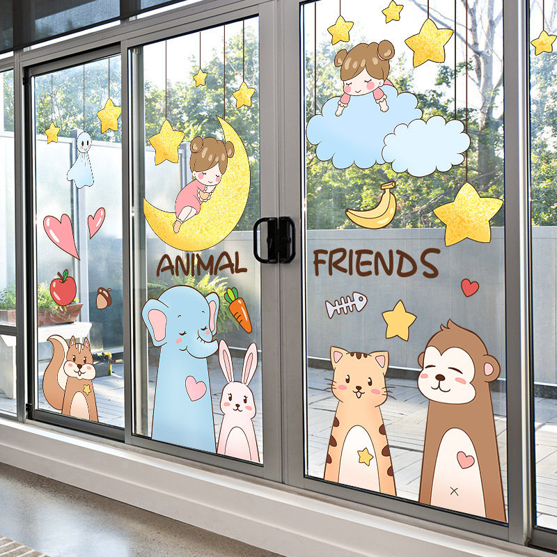 卡通玻璃门贴纸儿童卧室阳台窗户装饰品可爱幼儿园墙贴