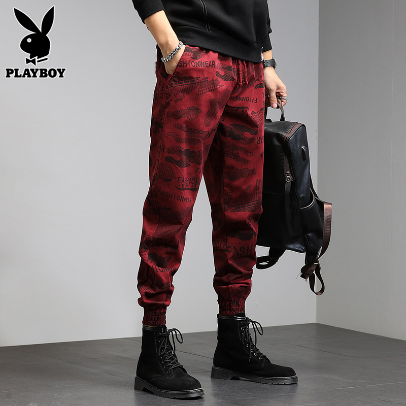 花花公子工装裤子男士春秋季潮流红色迷彩束脚裤潮牌痞帅休闲长裤