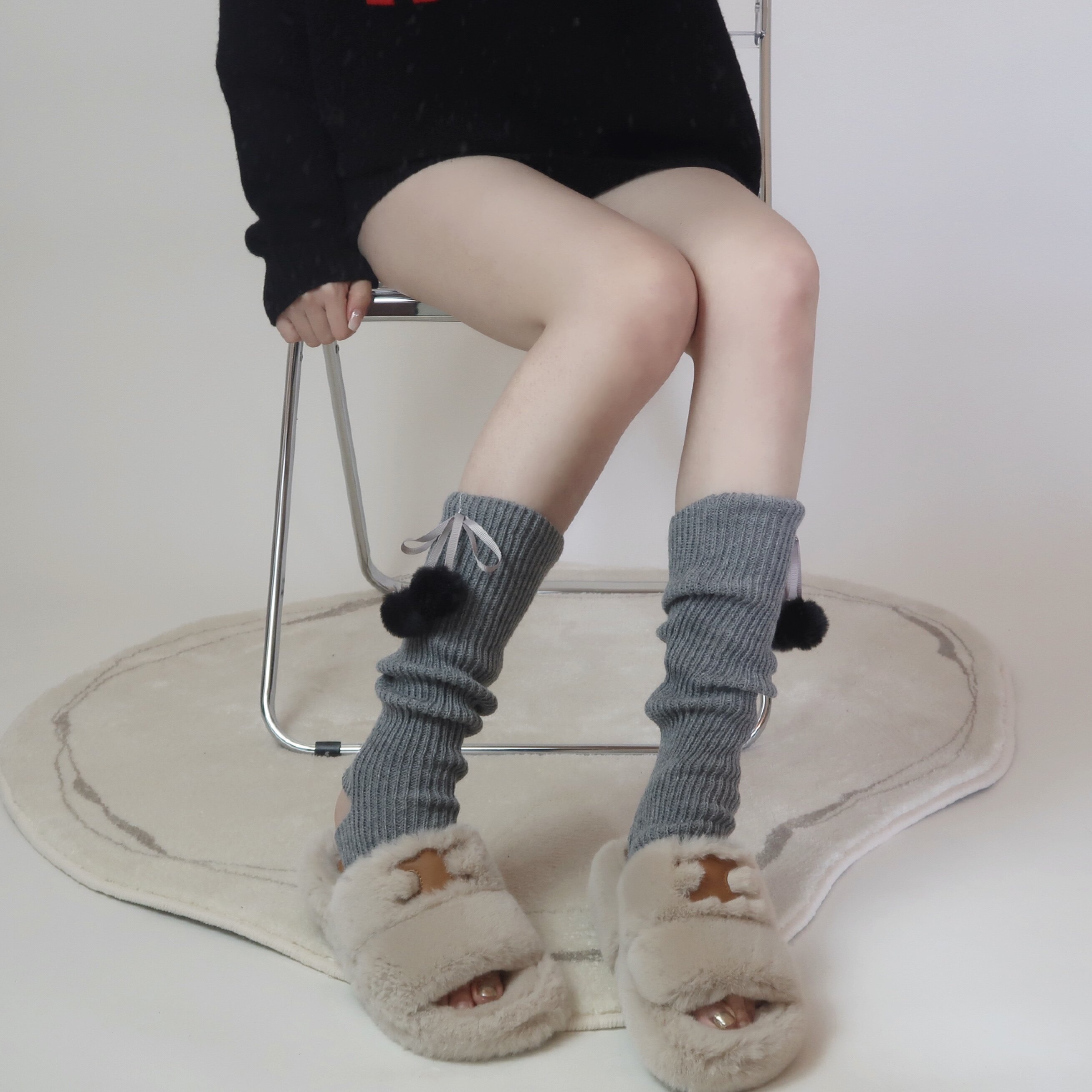 日系秋冬毛球装系绳饰腿套袜套jk纯欲风堆堆保暖中筒袜