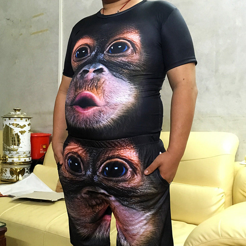 猴子3d半袖豹纹两件大猩猩搞笑印花短袖加大休闲运动套装