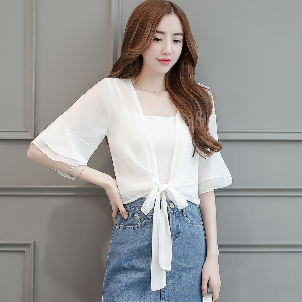 2018夏季新款胖m喇叭袖开衫系带雪纺小披肩外套女短款薄款防晒衣