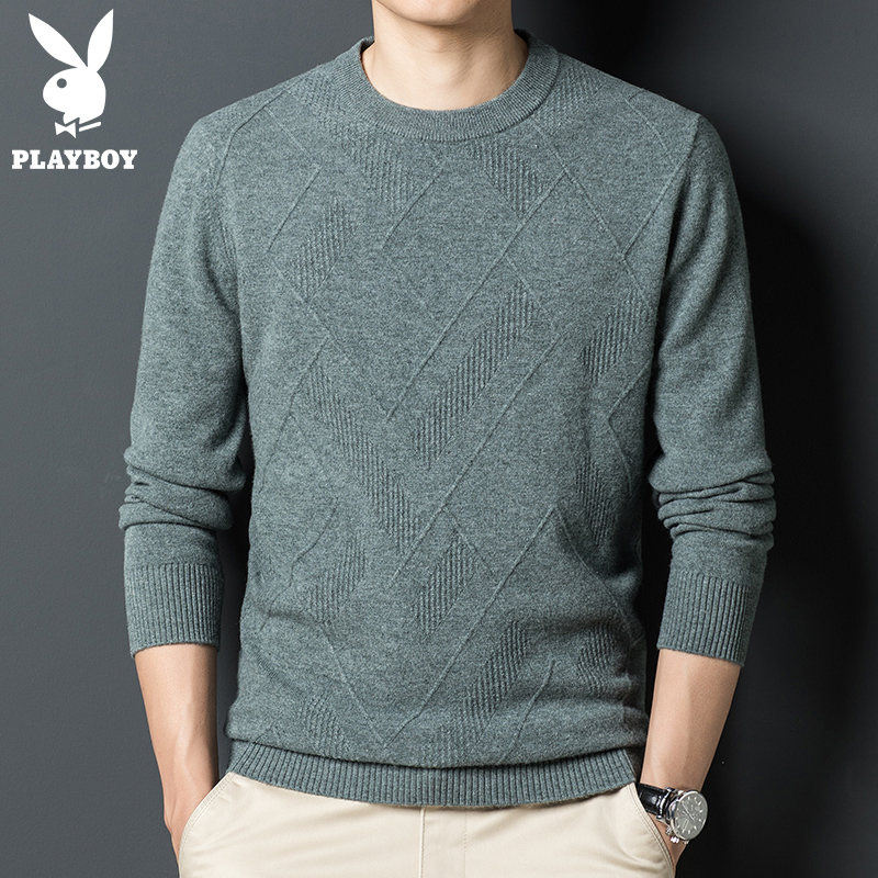 花花公子羊毛衫男100纯羊毛2021年冬季加厚保暖针织毛衣打底衫潮