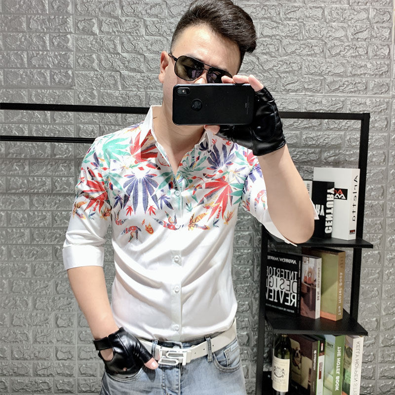 夏季新款短袖男衬衫修身翻领五分中袖印花衬衣社会青年上衣潮男装