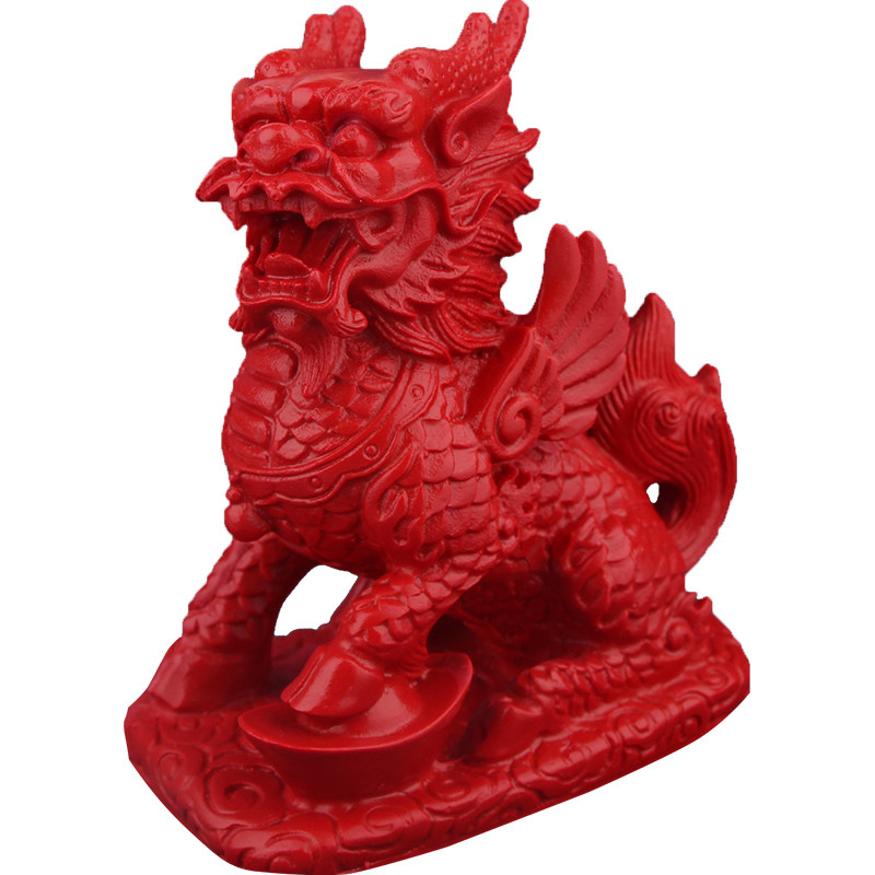 朱砂中国红麒麟摆件飞天火麒麟摆台家居摆饰办公桌摆件