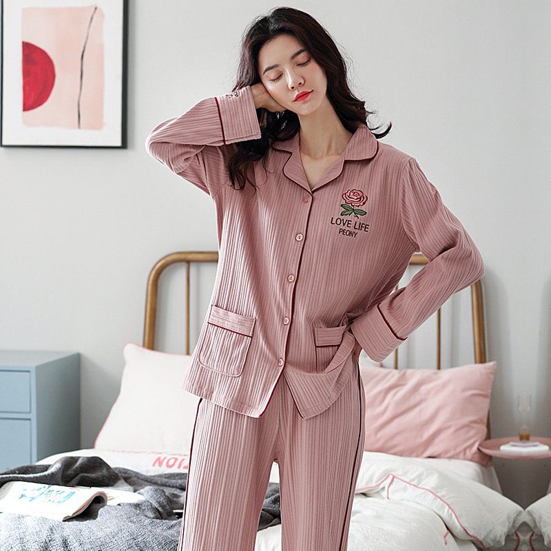 意大莱家居服出门妈妈睡衣女夏长袖长裤舒适纯棉睡衣
