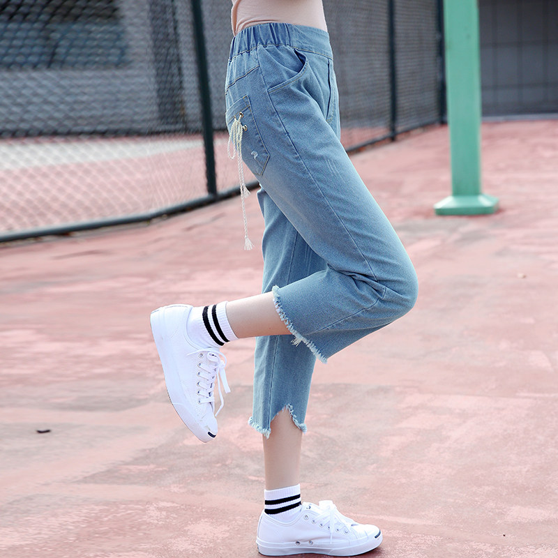 2020夏季新款初中生夏装休闲七分裤中学生夏天水洗牛仔裤女学院风