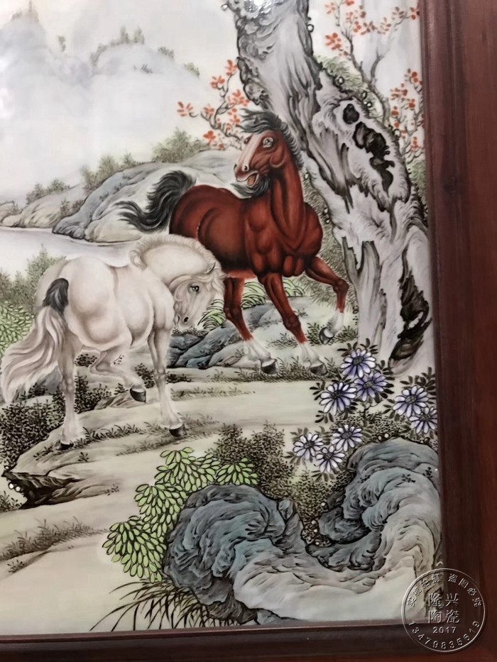 景德镇陶瓷瓷板画手绘仿古粉彩动物马竖条陶瓷画珠山八友张志汤