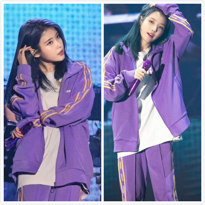 iu代购紫色串标彩虹男女套装运动服nerdy李智恩运动套装