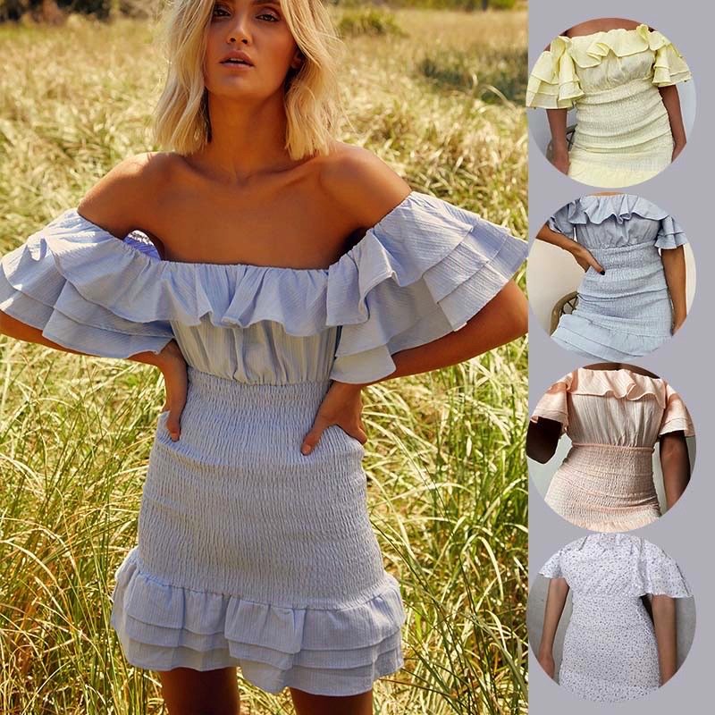 runaway2020春夏新款一字荷叶紧身胸衣连衣裙