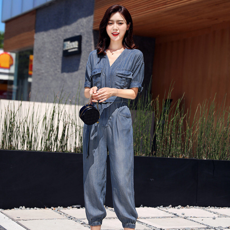 天丝牛仔连体裤女2020夏装新款韩版领薄款小脚牛仔裤